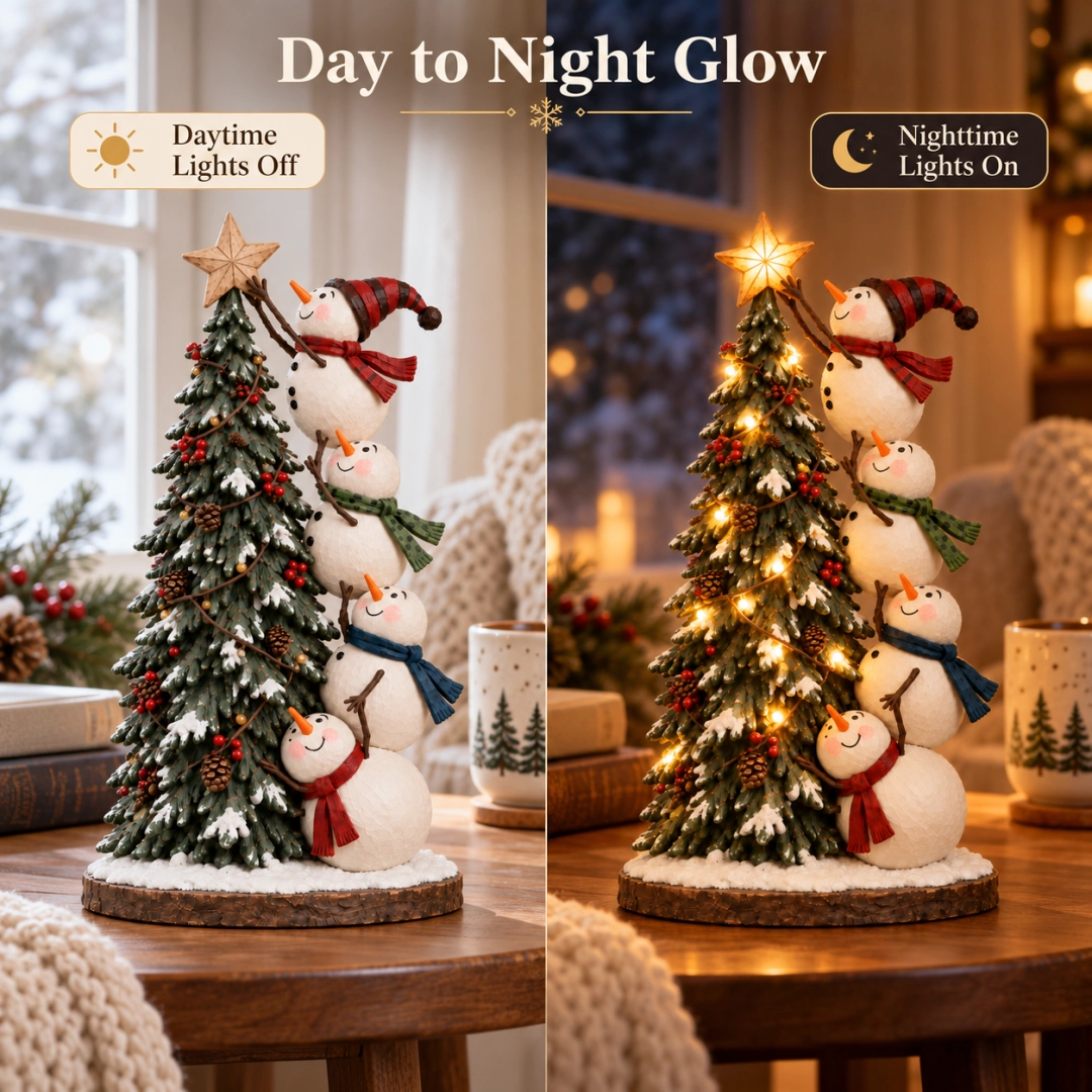 ⛄ Lighted Snowmen Christmas Tree Figurine – 4 Snowmen, Glowing Star & Remote Control