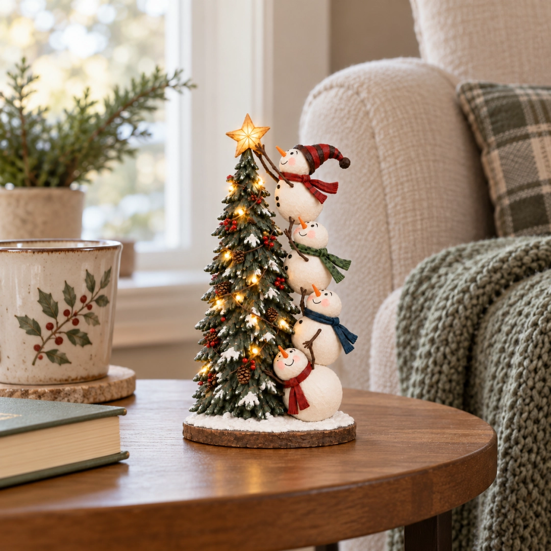 ⛄ Lighted Snowmen Christmas Tree Figurine – 4 Snowmen, Glowing Star & Remote Control