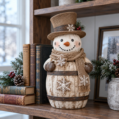 Vintage Whitewashed Barrel Snowman Figurine ⛄🪵 – Rustic Christmas Farmhouse Decor