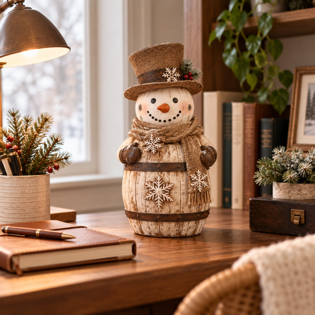 Vintage Whitewashed Barrel Snowman Figurine ⛄🪵 – Rustic Christmas Farmhouse Decor