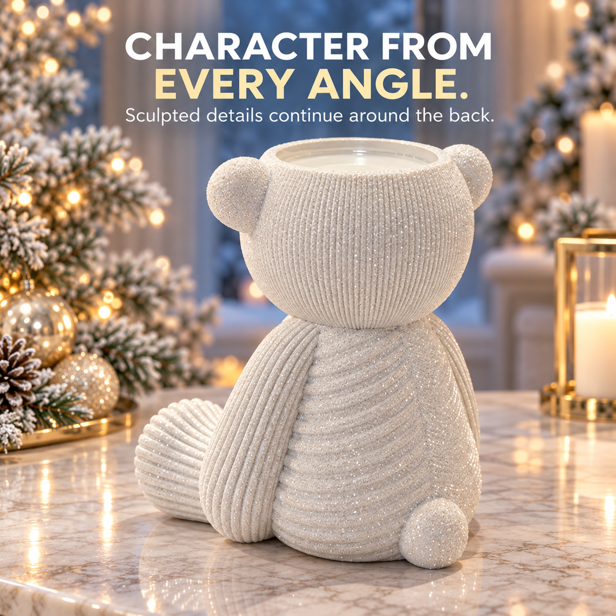 🐻White Glitter Teddy Bear 3-Wick Candle Holder – Cozy Christmas Tabletop Décor🎄