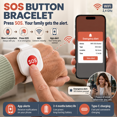 🚨 One-Touch WiFi SOS Alert Bracelet – Instant Family App Notifications, IP67 Water Resistance & Rechargeable Design