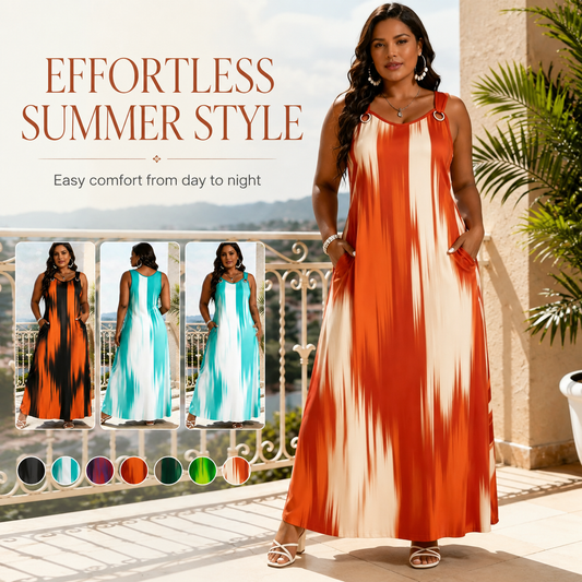 💃 Women's Sleeveless Printed Ring-Strap Loose Maxi Dress with Pockets 🌴