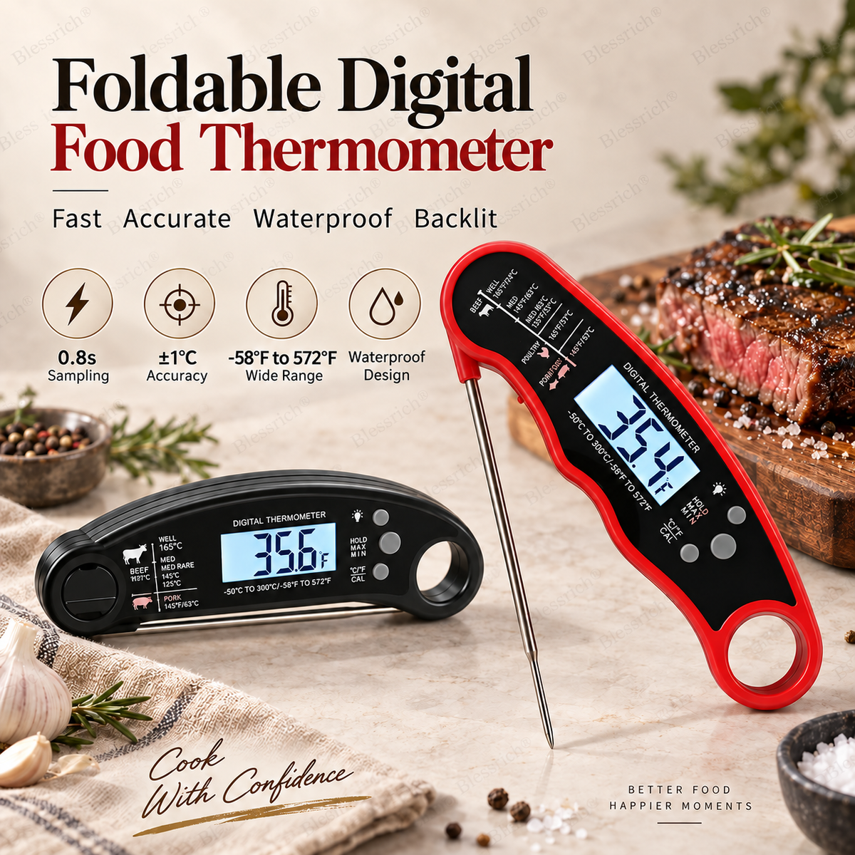 🌡️ Foldable Digital Food Thermometer - Fast Reading Instant Meat Thermometer ⚡