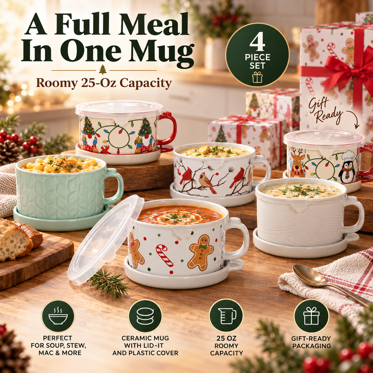 🥣 4-Piece 25-oz Ceramic Soup Mug Meal Sets with Lid-its & Storage Covers 🎁