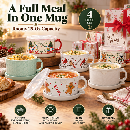 🥣 4-Piece 25-oz Ceramic Soup Mug Meal Sets with Lid-its & Storage Covers 🎁