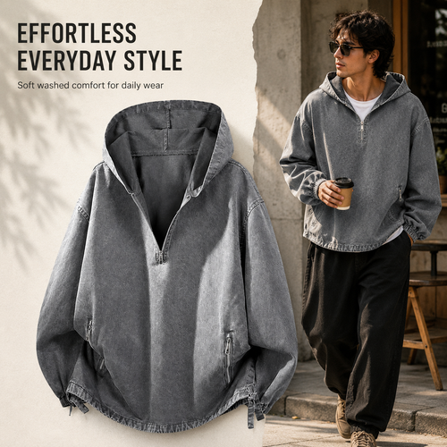 🧥 100% Cotton Vintage Washed Half-Zip Hoodie – Relaxed Fit Pullover ✨