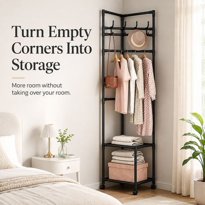 👗 Freestanding Corner Garment Rack with Wheels & Storage Shelves 👠