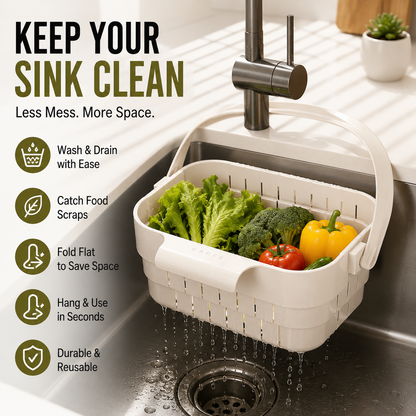 ✨ SpaceFold  Foldable Sink Drain Basket | Hanging Strainer & Organizer 💧