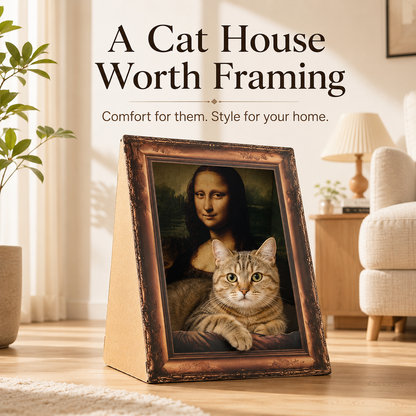 🖼️ Art-Inspired Framed Cardboard Cat House with Scratching Board 🐱