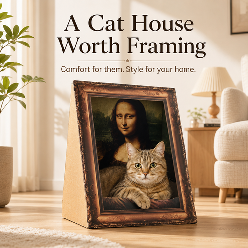 🖼️ Art-Inspired Framed Cardboard Cat House with Scratching Board 🐱