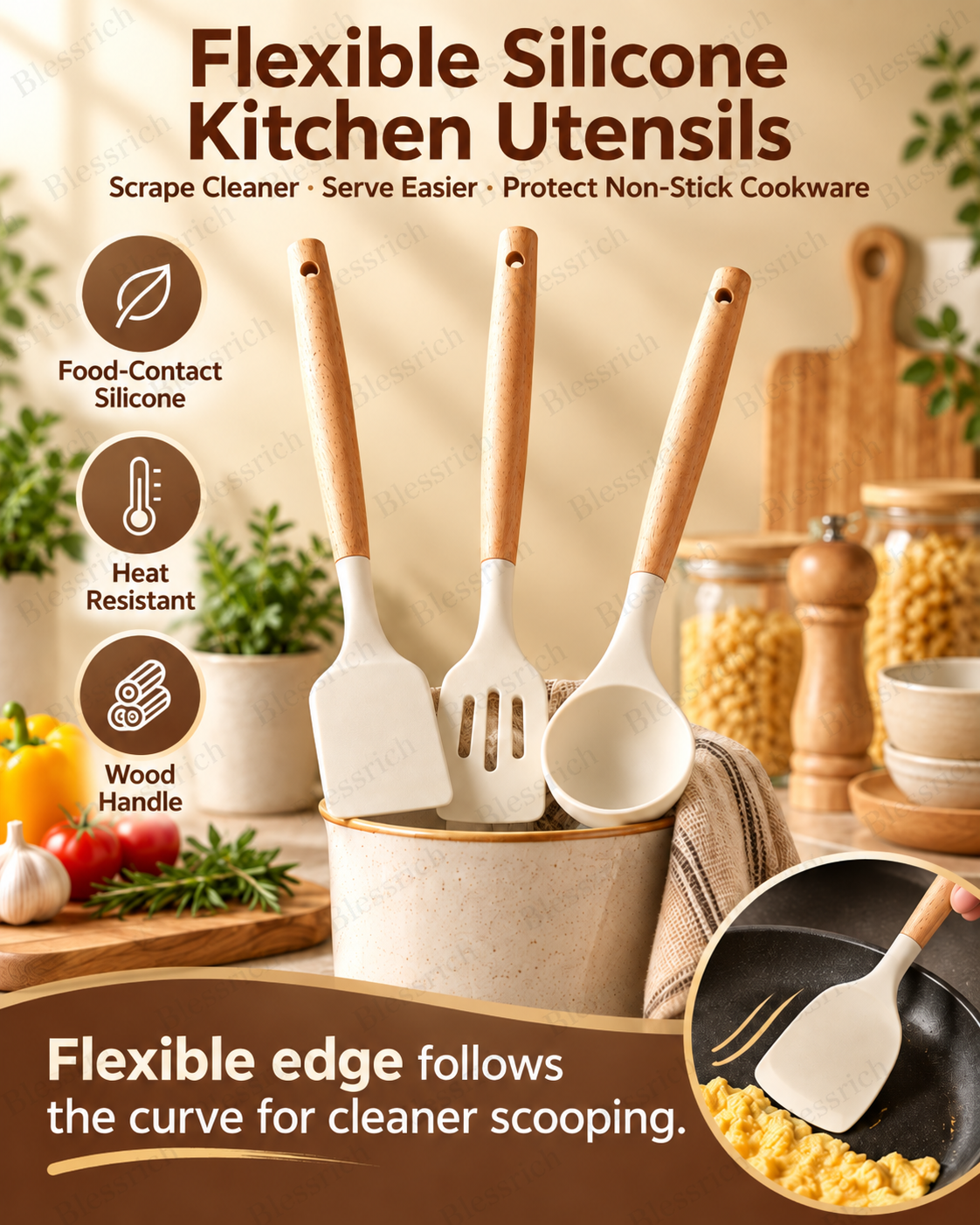 🍳 Flexible Silicone Kitchen Utensils – 3-Piece Wood Handle Cooking Set