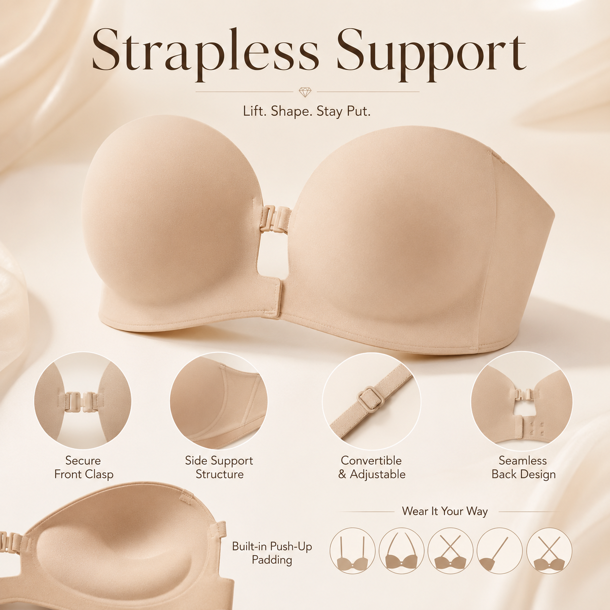 ✨ Convertible Strapless Push Up Bra Front Buckle Non Slip Invisible Lingerie 💃