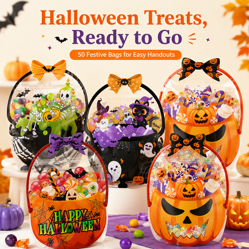🎃 50-Piece Resealable Halloween Treat Bags with Handles for Candy 🍬