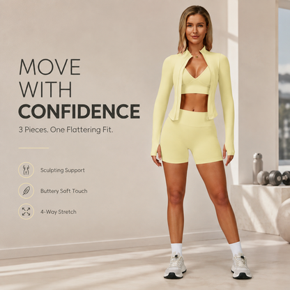 🏋️ Women's 3-Piece Compression Activewear Set – Zip Jacket, Bra & Crossover Shorts ✨