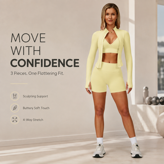 🏋️ Women's 3-Piece Compression Activewear Set – Zip Jacket, Bra & Crossover Shorts ✨