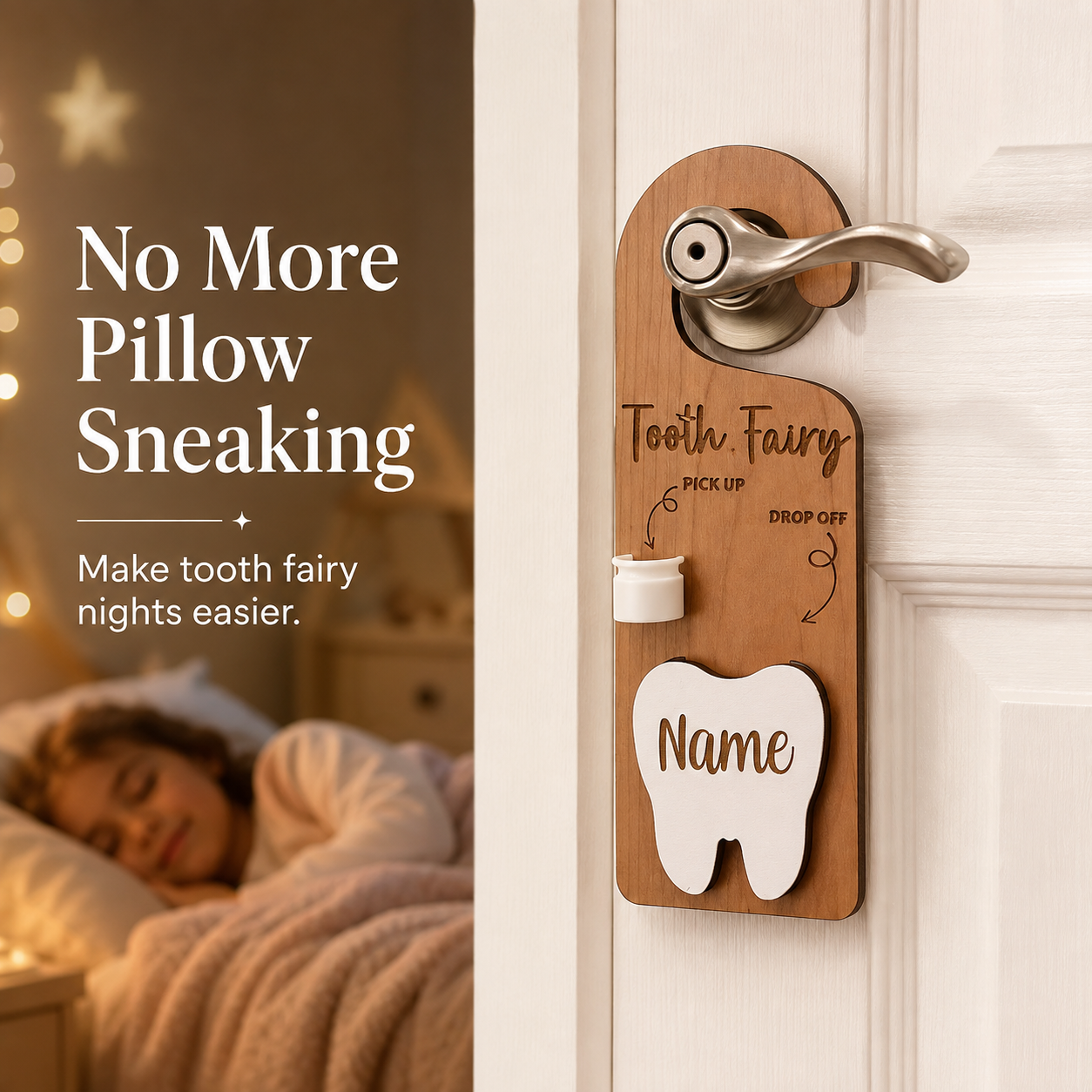 🧚 Personalized Wooden Tooth Fairy Door Hanger with Money Pocket 🦷