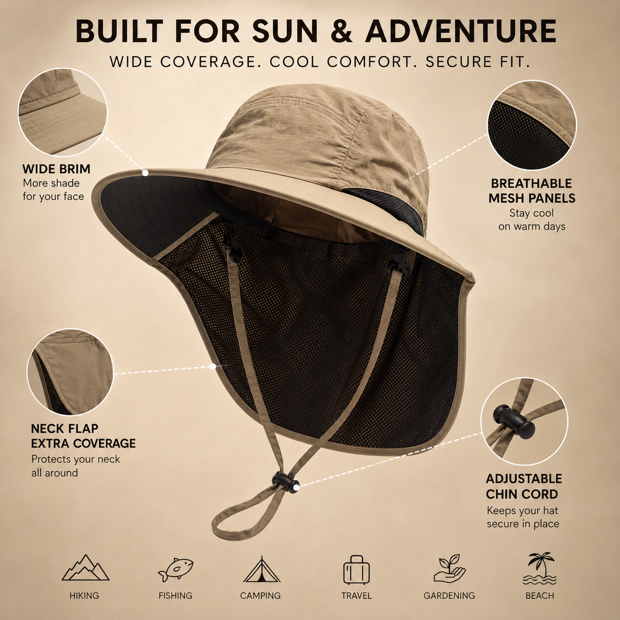 👒 Unisex Wide Brim Sun Hat with Neck Flap Breathable Mesh Outdoor Protection Cap ☀️🌿
