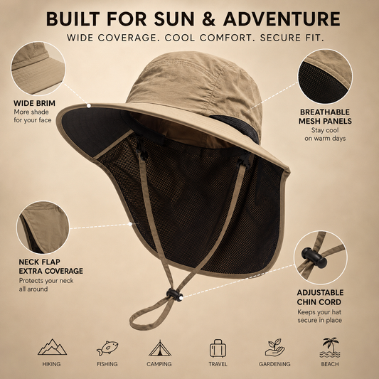 👒 Unisex Wide Brim Sun Hat with Neck Flap Breathable Mesh Outdoor Protection Cap ☀️🌿