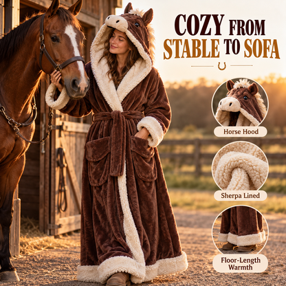 🐴 Horse Lover Plush Robe – Full-Length Sherpa-Lined Cozy Hooded Bathrobe