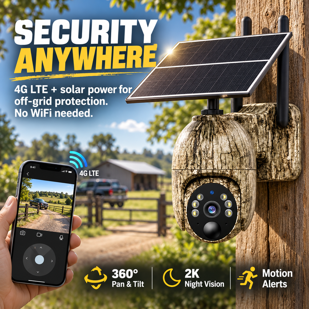 🔥 50% OFF 4G LTE Solar Security Camera – 360° Pan & Tilt, 2K Night Vision
