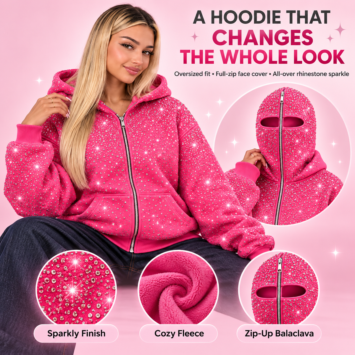 💎 50% OFF Rhinestone Full-Zip Hoodie – Oversized Y2K Balaclava Streetwear