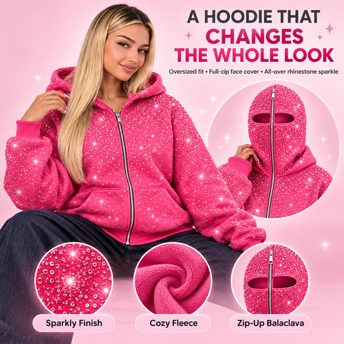 💎 50% OFF Rhinestone Full-Zip Hoodie – Oversized Y2K Balaclava Streetwear