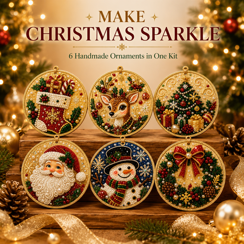 🎄 6-Piece Christmas Diamond Art Wooden Ornament Kit – DIY Pearl & Rhinestone Crafts ✨