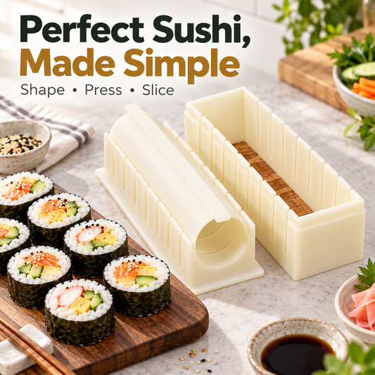 🍣 Multi-Shape Homemade Sushi Maker & Slicer Mold – 9-Piece Pro Roller Set 🍙
