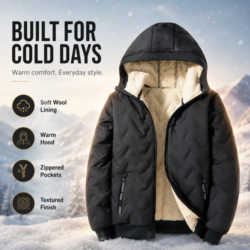 🧥 Men's Wool-Lined Hooded Winter Jacket with Zipper Pockets ❄️