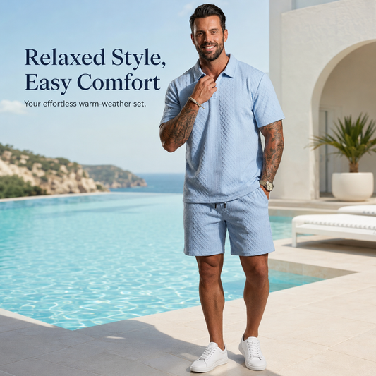👔 Mens Textured Short Sleeve Polo Shirt and Drawstring Shorts 2 Piece Set 🩳