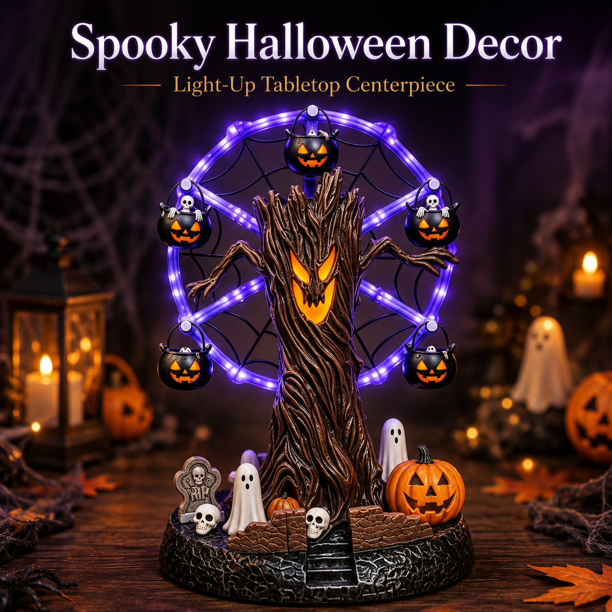 🎃 Lighted Halloween Ferris Wheel Resin Decoration with Haunted Tree and Ghosts 👻