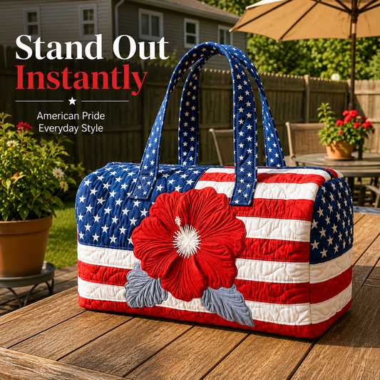 Patriotic Quilted Tote Bag | 3D Floral American Flag Travel Duffel