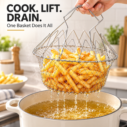 🔥 BUY 1 GET 1 FREE – Foldable Stainless Steel Frying Basket & Colander ✨