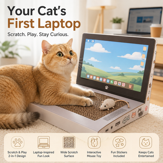 💻 Laptop Cat Scratcher Cardboard Toy with Mouse Ball and DIY Stickers 🐾