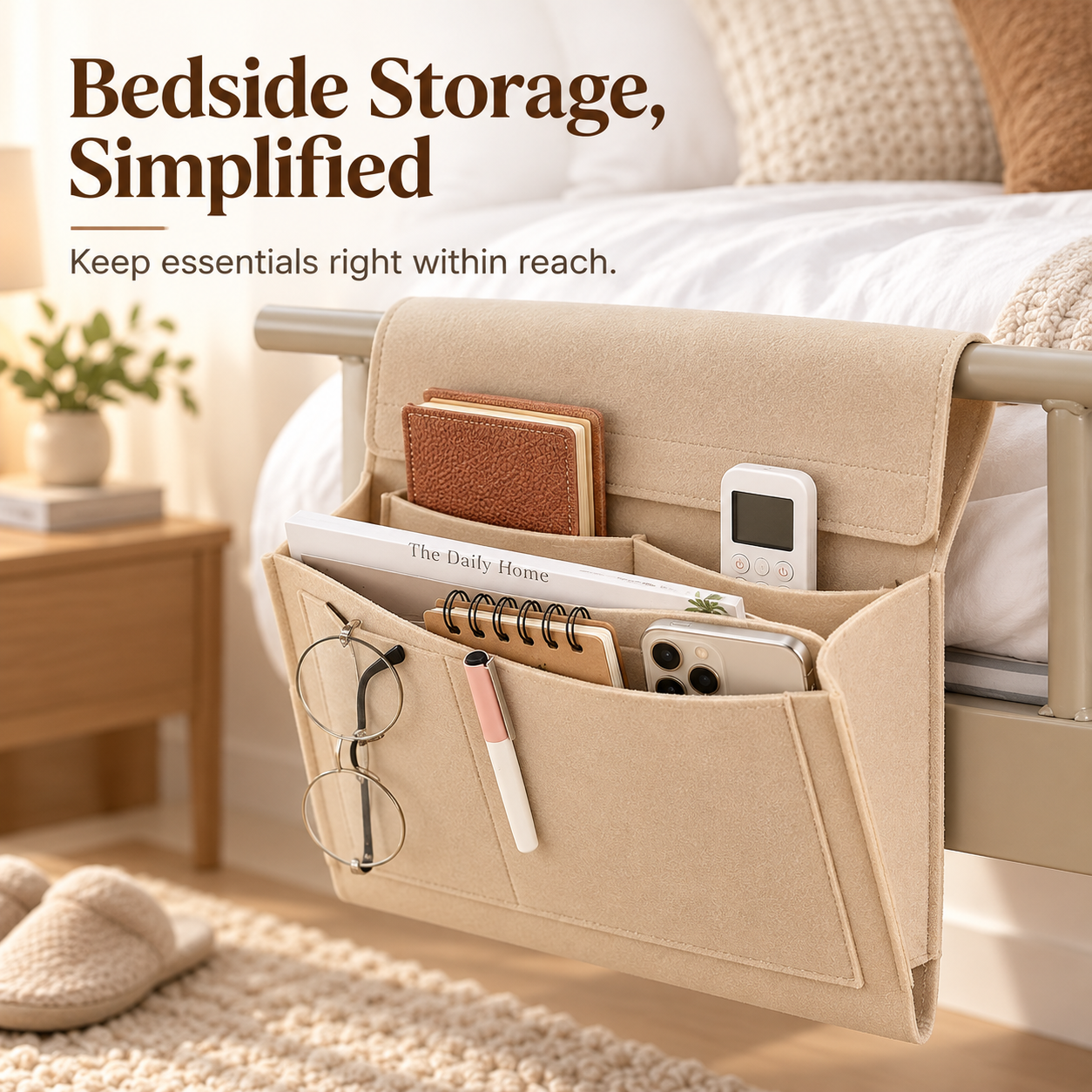 🛏️ Hanging Felt Bedside Caddy Organizer – 5-Pocket Mattress & Sofa Storage ✨