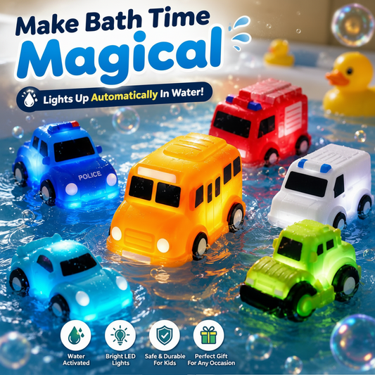 🚗 Water-Activated Light-Up Vehicle Toys – 6PCS Glowing Bath & Pool Play Set ✨