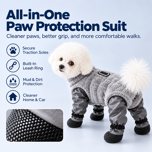 🐾 All-in-One Dog Paw & Leg Protection Suit – Fleece Body, Grip Soles & Leash Ring