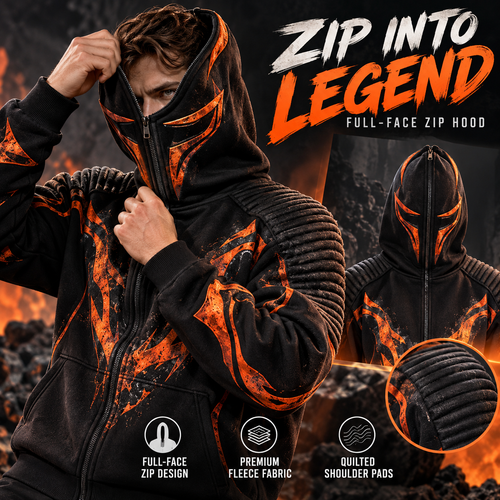 🔥 Full-Face Zip Hoodie – Armor-Inspired Fleece Streetwear with Quilted Shoulders