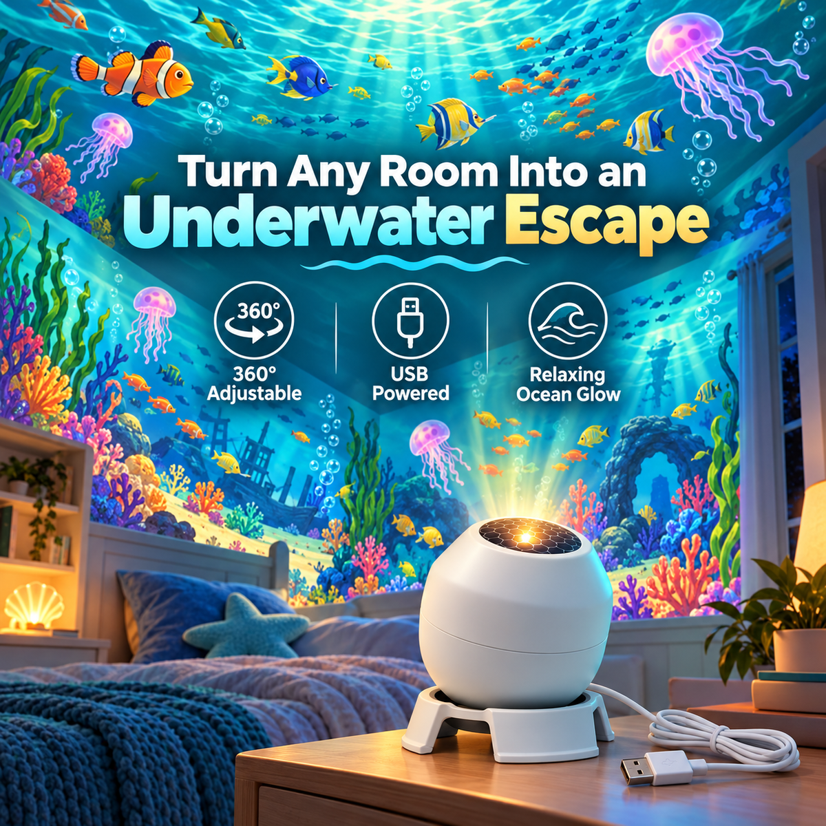 🌊 Ocean Glow Underwater Projection Light – 360° Adjustable USB-Powered Bedroom Mood Projector