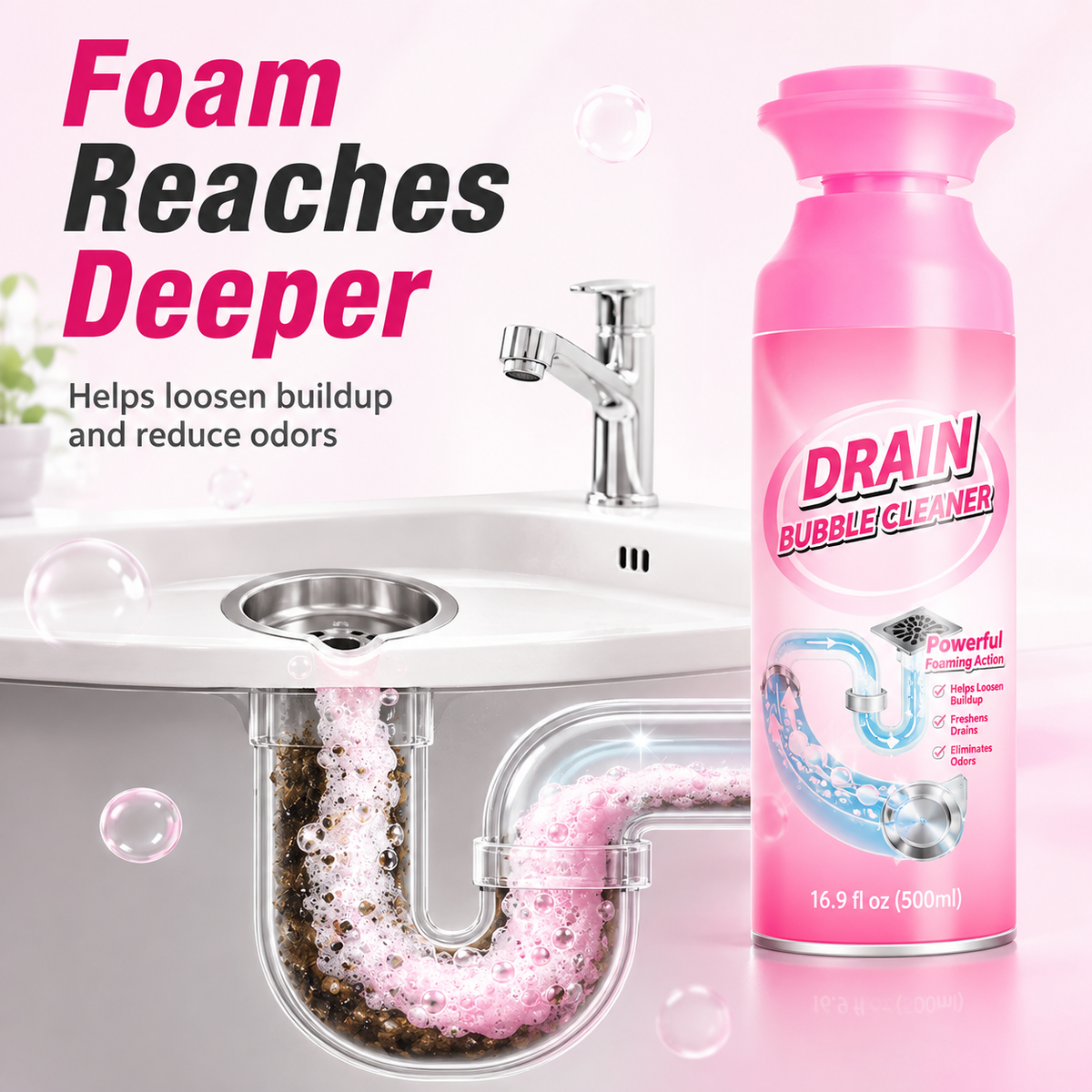 ⚡️ [BUY 1 GET 1 FREE] 🫧 Foaming Pipe Cleaner & Drain Deodorizer – 360° Expanding Sink Foam ✨