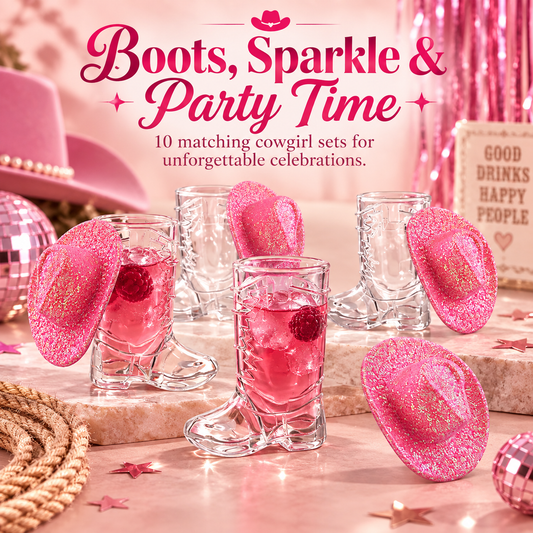 🤠 Cowboy Boot Shot Glasses with Pink Glitter Hats (25-Pack) – Western Party Drinkware 🎀