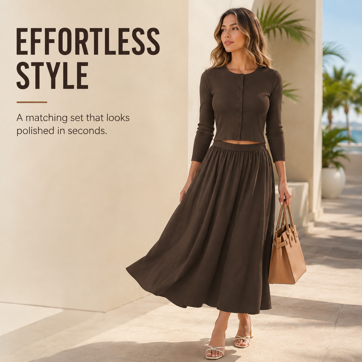 👗 Women's 2-Piece Ribbed Cardigan & Flowing Skirt Set ✨