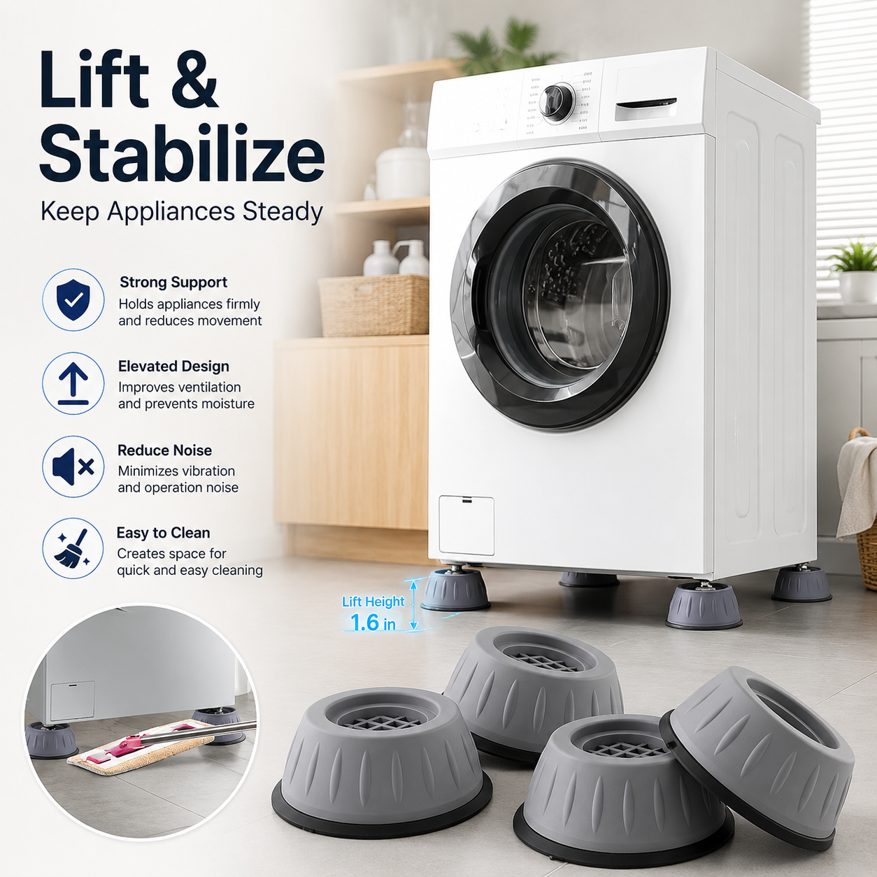 🌟 Anti-Vibration Appliance Foot Pads – Lift, Stabilize & Protect Your Floors
