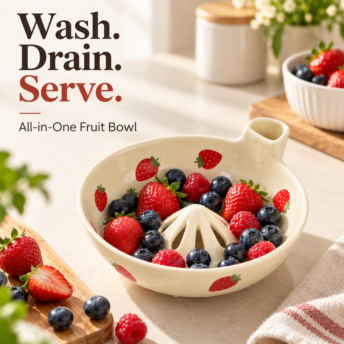 🍓 Ceramic Fruit Washing Colander & Serving Drain Bowl with Honeycomb Drip Mat 🍇