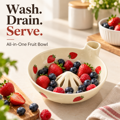 🍓 Ceramic Fruit Washing Colander & Serving Drain Bowl with Honeycomb Drip Mat 🍇