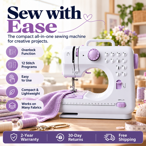 🧵 50% OFF! ✂️ Portable 12-Stitch Electric Household Sewing Machine with Overlock Hem & Speed Control 🧵