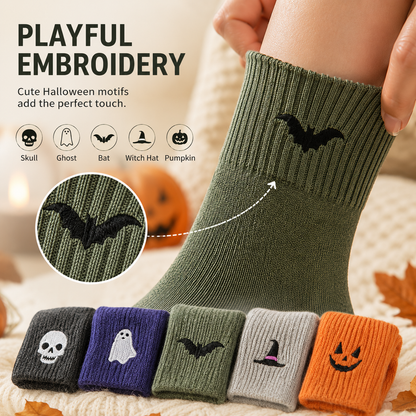 🧦 Unisex Halloween Embroidered Mid-Calf Socks Thick Knitted Cozy Warm Stockings 🎃