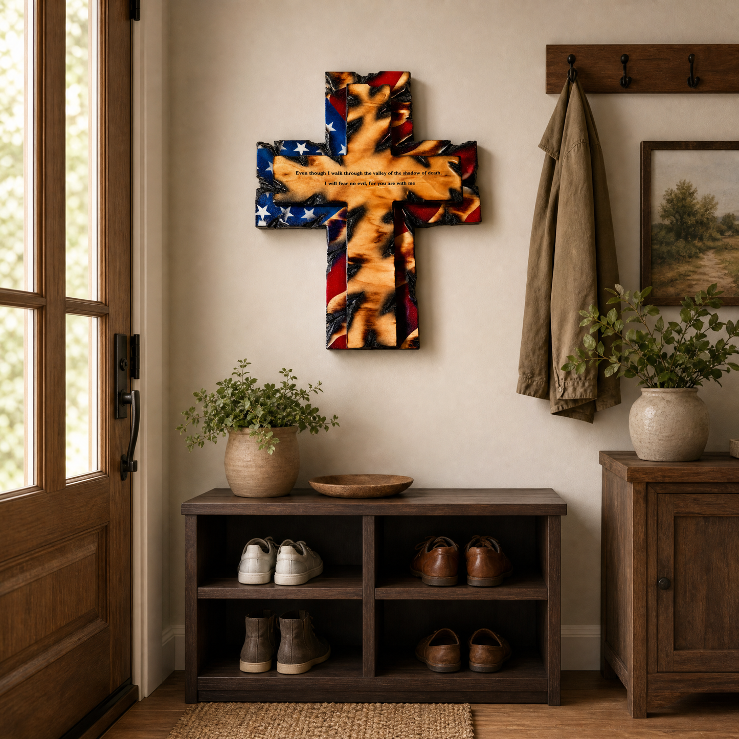 ✝️ Patriotic American Flag Wooden Cross Wall Decor | Psalm 23 Faith Gift