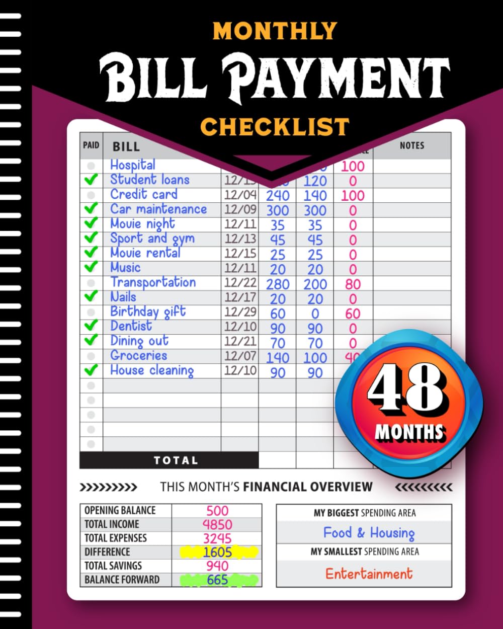 📊 4-Year Monthly Bill Payment Checklist and Financial Tracker Notebook 📅